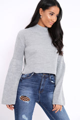 Grey High Neck Flared Sleeve Jumper - Aloni