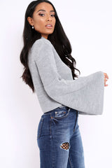Grey High Neck Flared Sleeve Jumper - Aloni