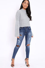 Grey High Neck Flared Sleeve Jumper - Aloni