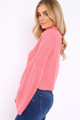 Pink High Neck Flared Sleeve Jumper - Aloni
