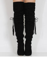 Black Suede Over the Knee Lace Up Detail Boots - Alora