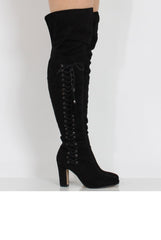 Black Suede Over the Knee Lace Up Detail Boots - Alora