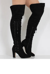 Black Suede Over the Knee Lace Up Detail Boots - Alora