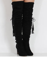 Black Suede Over the Knee Lace Up Detail Boots - Alora