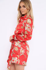 Red and Gold Chain Print Shirt Dress - Pollyann