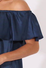 Navy Satin Bardot Frill Dress - Alura