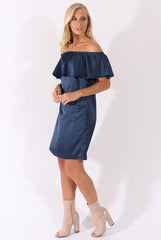 Navy Satin Bardot Frill Dress - Alura