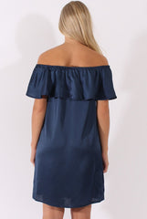 Navy Satin Bardot Frill Dress - Alura