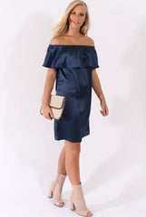 Navy Satin Bardot Frill Dress - Alura