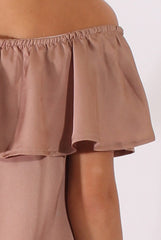 Blush Satin Bardot Frill Dress - Alura