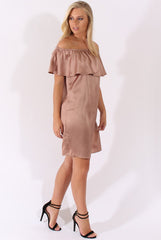 Blush Satin Bardot Frill Dress - Alura