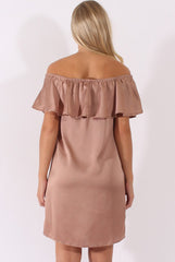 Blush Satin Bardot Frill Dress - Alura