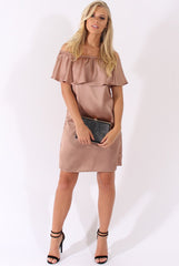 Blush Satin Bardot Frill Dress - Alura