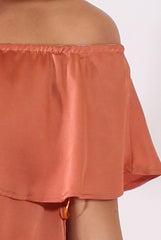 Bronze Satin Bardot Frill Dress - Alura