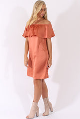 Bronze Satin Bardot Frill Dress - Alura
