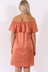 Bronze Satin Bardot Frill Dress - Alura