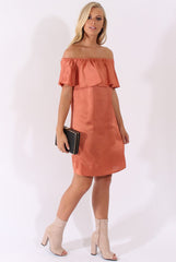 Bronze Satin Bardot Frill Dress - Alura