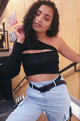 Black Ribbed One Sleeve Cut Out Crop Top - Charae
