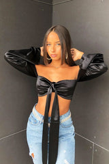 Black Satin Knotted Middle Wide Sleeve Crop Top - Madianna