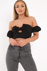 Black Tie Front Bardot Crop Top - Amaya