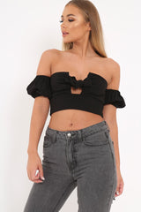 Black Tie Front Bardot Crop Top - Amaya