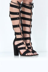 Black Suede Cut Out Knee High Heels - Amaya
