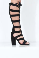 Black Suede Cut Out Knee High Heels - Amaya