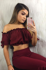 Wine Ruched Bardot Gypsy Crop Top - Janette