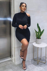 Black Ribbed High Neck Shoulder Cut Out Mini Dress - Carola