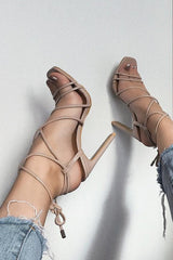 Nude Patent Lace Up Thin Block Heels - Tiffie