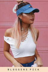 White Cropped Ribbed Lace Up Top - Amelia