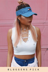 White Cropped Ribbed Lace Up Top - Amelia