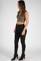 Khaki Cropped Ribbed Lace Up Top - Amelia