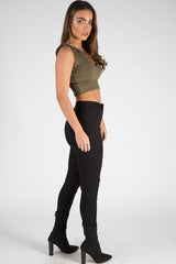 Khaki Cropped Ribbed Lace Up Top - Amelia