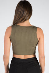 Khaki Cropped Ribbed Lace Up Top - Amelia