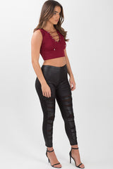 Wine Cropped Ribbed Lace Up Top - Amelia
