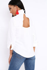 White Ruffle Neck Blouse with Cut out Back - Amelie
