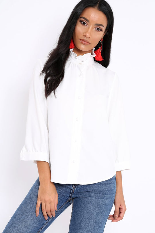 White Ruffle Neck Blouse with Cut out Back - Amelie