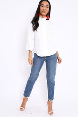 White Ruffle Neck Blouse with Cut out Back - Amelie
