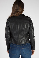 Black Faux Leather Floral Embroidered Biker Jacket - Amelie