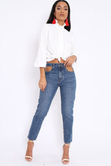 White Ruffle Neck Blouse with Cut out Back - Amelie