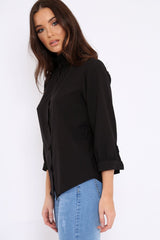 Black Ruffle Neck Blouse with Cut out Back - Amelie