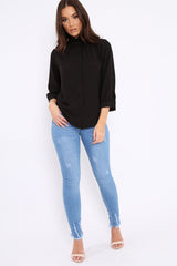 Black Ruffle Neck Blouse with Cut out Back - Amelie