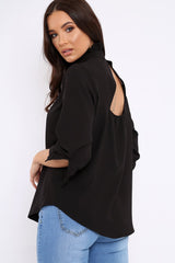 Black Ruffle Neck Blouse with Cut out Back - Amelie