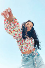 Red Floral Ruched Centre Bardot Crop Top - Heily