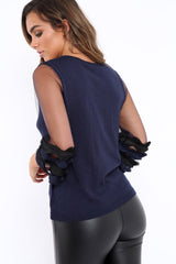 Navy V Neck Jumper with Mesh Ruffled Sleeves - Amirah