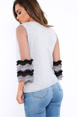Grey V Neck Jumper with Mesh Ruffled Sleeves - Amirah
