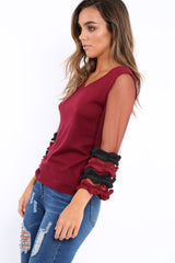 Wine V Neck Jumper with Mesh Ruffled Sleeves - Amirah