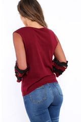 Wine V Neck Jumper with Mesh Ruffled Sleeves - Amirah