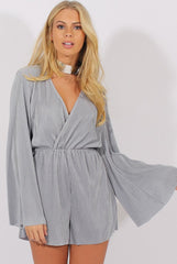 Grey Pleated Flared Sleeve Playsuit - Amity